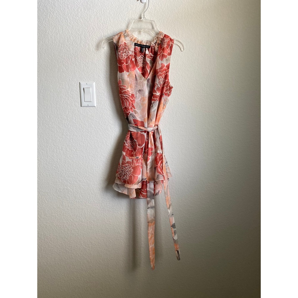 Women Floral Chiffon Ruffle Tunic Top Size XS Coral Boho Romantic Boho